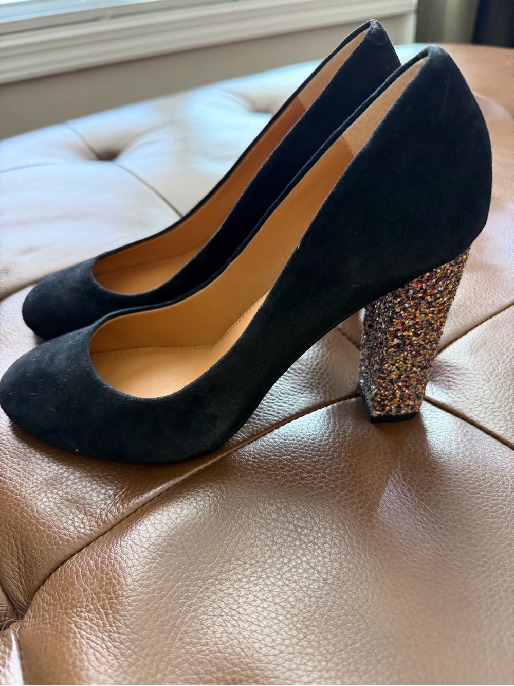 J. Crew Black Suede Pumps with Multicolor Glitter Block Heel